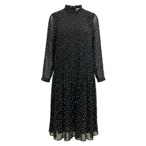 H&M Black White Polka Dot Pleated Chiffon Over Lining Ruffled Neck Dress Sz 8
